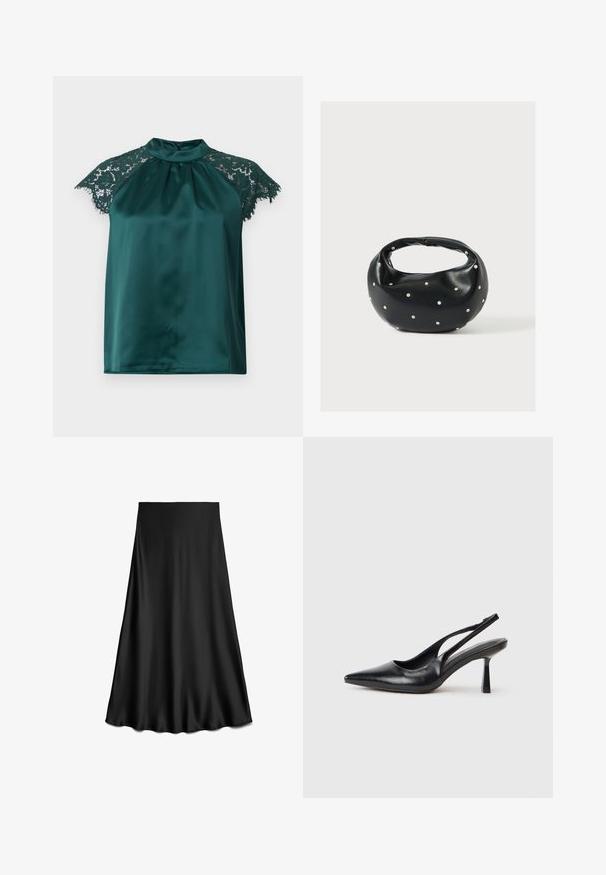 Blusa verde de satén con cuello alto, que presenta mangas cortas de encaje y un frente plisado. Textura suave con detalles en encaje.; Falda negra de satén en línea A con textura suave y dobladillo fluido, hasta la rodilla, mostrada sobre un fondo blanco.; Zapato de tacón alto negro de cuero con puntera afilada y tacón delgado sobre un fondo blanco.; Bolso de mano de cuero negro con forma redondeada, decorado con detalles de tachuelas plateadas y un asa corta. Textura lisa y cierre con cremallera.