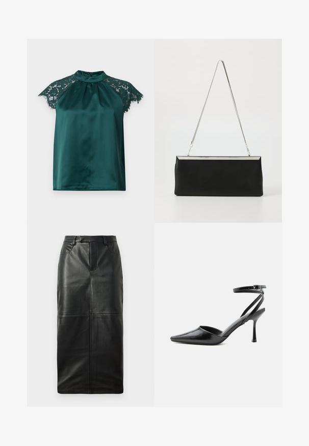 Groene satijnen blouse met een staande kraag, voorzien van kanten kapmouwen en een geplooide voorkant. Soepele textuur met gedetailleerde kanten accenten.; Zwarte leren kokerrok met hoge taille, verdekte rits en voorzakken, met een stevige textuur en naaddetails.; Zwarte pumps met puntige neus, dunne enkelbandjes en een zilveren gesp op een effen lichte achtergrond.; Zwarte leren clutch met een zilveren metalen kettinghandvat en een strakke rechthoekige vorm. Matte textuur en minimalistisch ontwerp met een metallic accent.