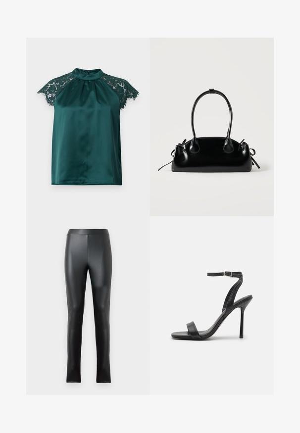 Blouse en satin vert avec un col montant, dotée de manches en dentelle et d'un devant plissé. Texture lisse avec des accents en dentelle détaillés.; Leggings noirs en matériau lisse et brillant, dotés d'une taille haute et d'une coupe ajustée. Aucune couture ni embellissement visibles.; Sandale à talons hauts noire avec une fine sangle au niveau de la cheville et deux bandes à l'avant. Fabriquée en cuir lisse avec un bout pointu élégant et un talon aiguille.; Petit sac à main noir brillant avec deux longues anses et des détails à cordon sur les côtés sur un fond clair uni.