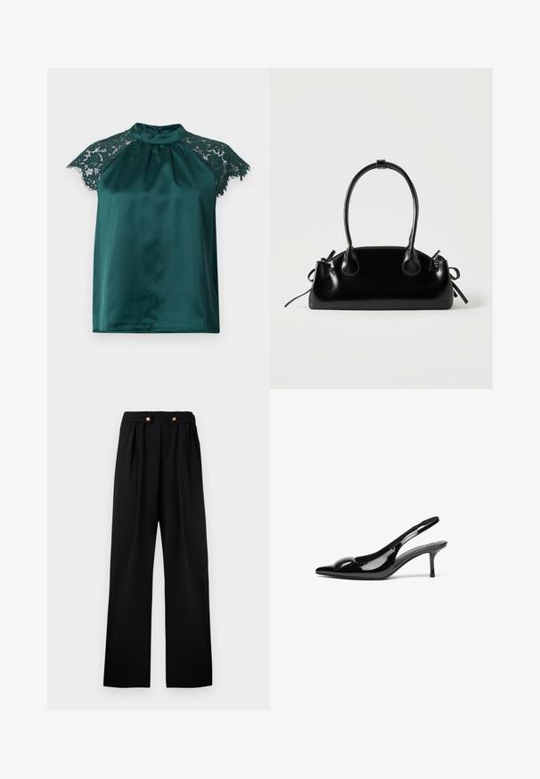 Blouse en satin vert avec un col montant, dotée de manches en dentelle et d'un devant plissé. Texture lisse avec des accents en dentelle détaillés.; Pantalon noir plissé à taille haute, doté de deux boutons dorés à l'avant, fabriqué dans un tissu lisse et texturé.; Escarpins slingback en cuir verni noir avec un bout pointu et une finition brillante. Présente un talon fin et un accent arrondi au dessus du pied.; Petit sac à main noir brillant avec deux longues anses et des détails à cordon sur les côtés sur un fond clair uni.