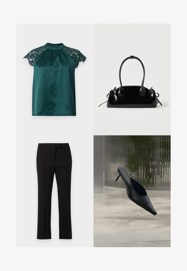 Blouse en satin vert avec un col montant, dotée de manches en dentelle et d'un devant plissé. Texture lisse avec des accents en dentelle détaillés.; Pantalon noir ajusté en tissu lisse, avec taille mi-haute, plis à l'avant et coupe droite.; Mule noire à bout pointu avec un talon fin et haut flottant au-dessus d'un sol en béton lisse, avec un arrière-plan flou à rayures verticales.; Petit sac à main noir brillant avec deux longues anses et des détails à cordon sur les côtés sur un fond clair uni.