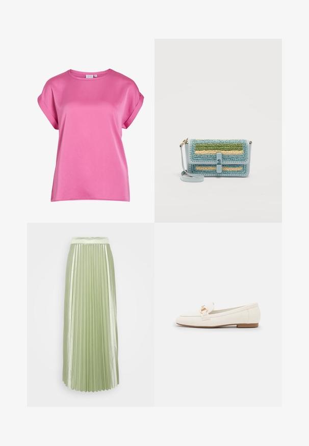 Blouse rose vif à manches courtes avec col rond et poignets pliés, en tissu lisse, présentée sur fond blanc.; Jupe plissée en satin vert clair avec une large taille et des plis verticaux, créant une silhouette lisse et fluide.; Mocassins en cuir blanc à semelle plate, avec un détail de boucle en ton doré et une finition lisse. Design classique aux lignes simples.; Sac bandoulière bleu clair avec des rayures tissées vertes, beige et bleues, une fermeture frontale et une attache de sangle en métal doré.