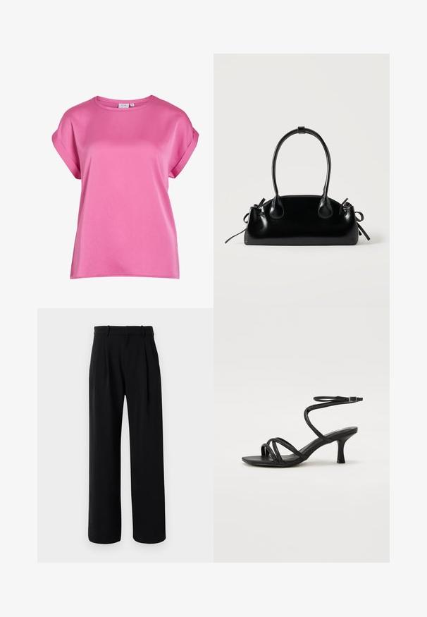 Blusa de manga corta de color rosa brillante con escote redondo y puños doblados, hecha de tela lisa, mostrada sobre un fondo blanco.; Pantalones rectos de tiro alto en negro con piernas anchas, presillas para cinturón y pliegues en la parte delantera sobre un fondo blanco.; Even&Odd Wide Fit Sandalias - black; Pequeño bolso negro brillante con dos asas largas y detalles de cordón lateral sobre un fondo claro liso.