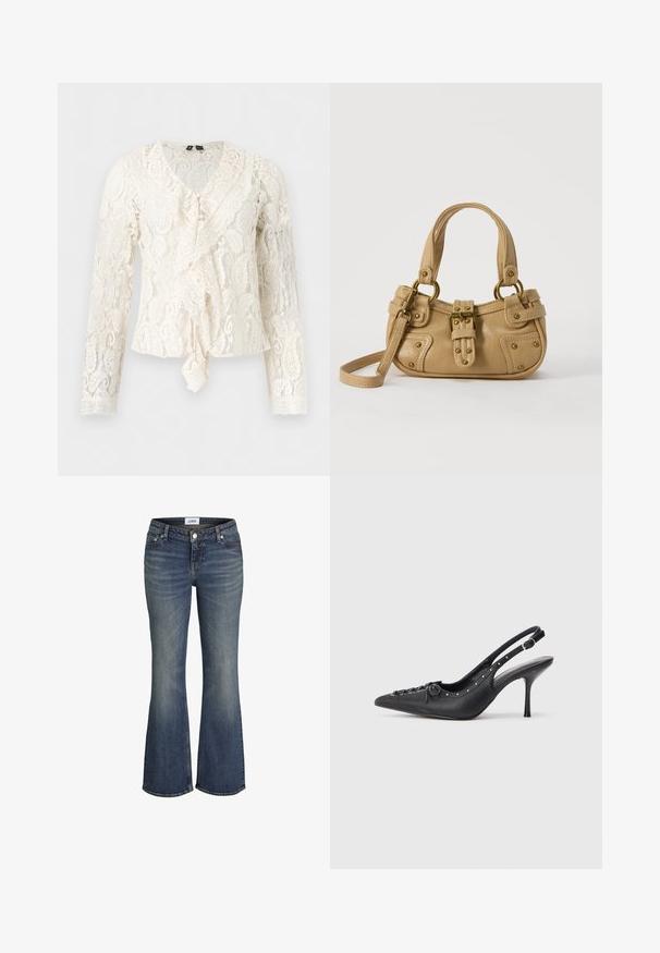 Weiße Spitzenbluse mit langen Ärmeln, V-Ausschnitt, gerafften Details vorne und filigranen Blumenmustern überall.; Blaue, verwaschene Schlagjeans mit Vorderknopf, fünf Taschen und sichtbarem Markenschild am Bund.; Schwarzer Leder-Slingback-Stiletto mit spitzem Zehenaufsatz, seitlichem Schnallenriemen, Nieten entlang der Kante und dekorativer Schnürung vorne.; Beige Lederhandtasche mit doppelten Griffen, Messingschnalle und Nieten, sowie verstellbarem Schultergurt vor weißem Hintergrund.