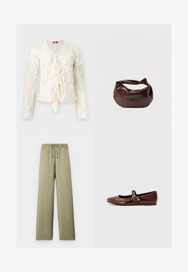 Blouse blanche à manches longues en dentelle avec décolleté en V, détail à volants sur le devant et motifs floraux complexes sur l'ensemble.; Pantalons larges vert olive avec une taille élastique, cordon de serrage ajustable et une texture lisse. Pas de motifs ni d'accents visibles.; Ballerine en cuir verni marron avec un bout carré et une lanière ornée d'une petite boucle dorée. Texture lisse, talon bas et design minimaliste.; Sac bandoulière en cuir marron foncé avec une forme souple et décontractée et une anse nouée torsadée sur un fond blanc uni.