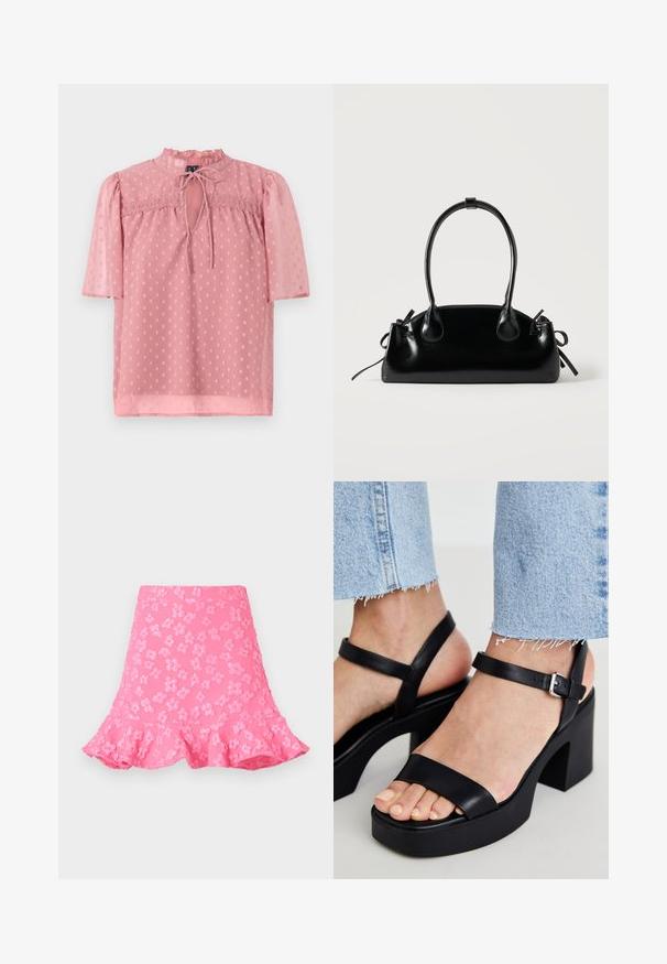Blusa rosa claro con mangas cortas abullonadas, un escote con volantes y textura translúcida. Presenta un delantero con abertura en forma de llave y un patrón de lunares en toda su superficie.; Falda rosa de corte acampanado que presenta patrones florales en relieve, un dobladillo con volantes y una textura suave. Longitud por encima de la rodilla con una cinturilla ajustada.; ALDO CELIE - Sandalias de tacón - black; Pequeño bolso negro brillante con dos asas largas y detalles de cordón lateral sobre un fondo claro liso.