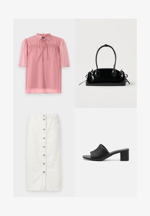 Blouse rose clair avec des manches courtes bouffantes, un col froncé et une texture légère. Présente un décolleté en forme de trou de serrure et un motif à pois sur l'ensemble.; Jupe midi en denim blanc avec fermeture à boutons sur le devant, deux poches latérales et des accents brodés à la taille. Présente un ourlet brut.; Mules à talons carrés en cuir noir avec un bout ouvert, présentant une surface lisse et un upper légèrement courbé pour le confort et le style.; Petit sac à main noir brillant avec deux longues anses et des détails à cordon sur les côtés sur un fond clair uni.