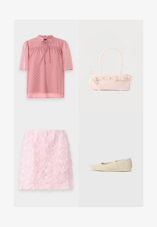Lichtroze blouse met korte pofmouwen, een gerimpelde halslijn en een doorschijnende textuur. Kenmerkt zich door een sleutelgat aan de voorkant en een stippenpatroon overal.; Roze mini-rok met een textuurontwerp en gelaagde stoffen bloemen. Het oppervlak is zacht en gedetailleerd, wat een driedimensionaal bloemeneffect geeft.; Beige ballerina's met een gladde leren buitenkant, amandelvormige punt en elastische band over de wreef, met subtiele stiksels.; Bleekroze rechthoekige handtas met dubbele handvatten, decoratieve strik, metalen oogjes en een klein hartvormig hangertje tegen een effen achtergrond.