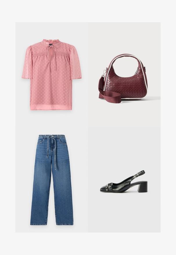 Lichtroze blouse met korte pofmouwen, een gerimpelde halslijn en een doorschijnende textuur. Kenmerkt zich door een sleutelgat aan de voorkant en een stippenpatroon overal.; Lichtblauwe denim wide-leg jeans met een hoge taille, voorzien van een striksluiting, twee voorzakken en een licht vervaagd patroon.; Zwart leren slingback hak met een spitse neus, eenTextuur strap met cirkelvormige metalen accenten en een gestapelde blokhak.; Donkerrode geweven leren handtas met gebogen handvat, witte bies, zilveren rits en afneembare brede stoffen schouderriem tegen een effen achtergrond.