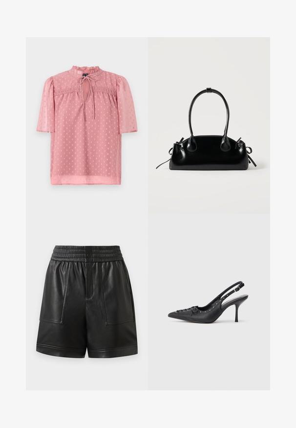 Blusa rosa claro con mangas cortas abullonadas, un escote con volantes y textura translúcida. Presenta un delantero con abertura en forma de llave y un patrón de lunares en toda su superficie.; Pantalones cortos de imitación cuero negro con cinturilla elástica, botón a presión en la parte delantera, grandes bolsillos de parche en la parte delantera y dobladillo recto.; Sandal de tacón stiletto negro de cuero con punta afilada, correa lateral con hebilla, tachuelas a lo largo del borde y cordones decorativos en la parte delantera.; Pequeño bolso negro brillante con dos asas largas y detalles de cordón lateral sobre un fondo claro liso.
