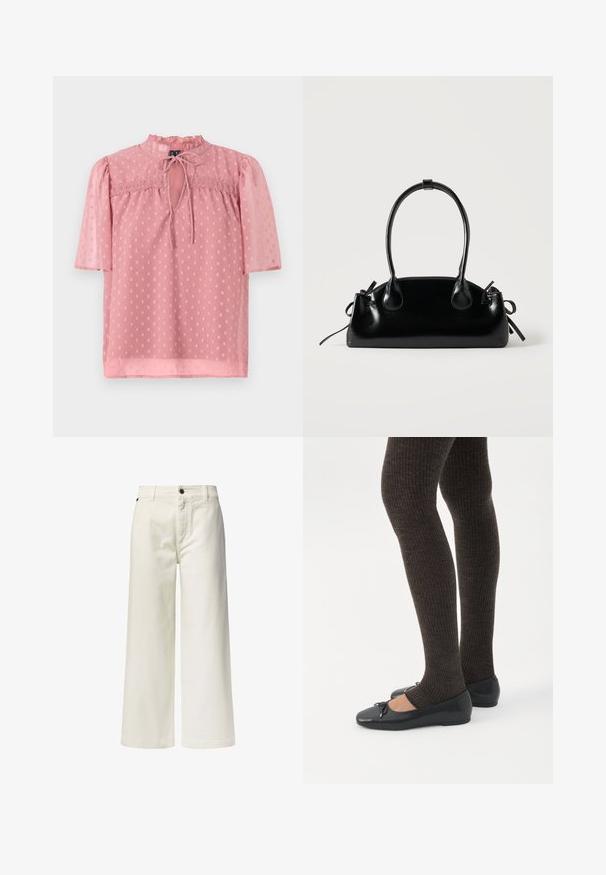 Blusa rosa claro con mangas cortas abullonadas, un escote con volantes y textura translúcida. Presenta un delantero con abertura en forma de llave y un patrón de lunares en toda su superficie.; Pantalones blancos de pierna ancha hechos de algodón, con bolsillos frontales, cierre de botón y un diseño limpio y sin adornos.; Piernas con leggings oscuros acanalados combinados con bailarinas negras que presentan pequeños detalles de lazo sobre un fondo blanco.; Pequeño bolso negro brillante con dos asas largas y detalles de cordón lateral sobre un fondo claro liso.