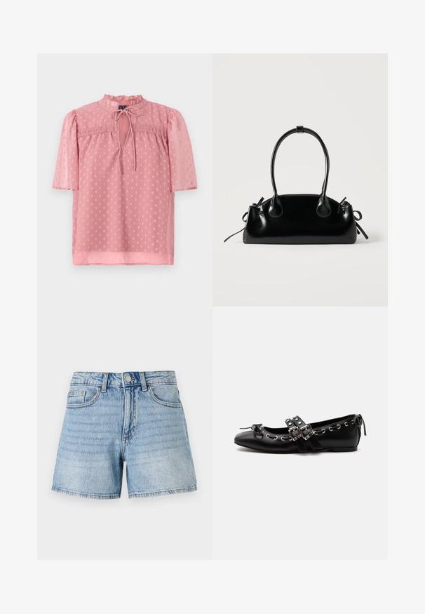 Lichtroze blouse met korte pofmouwen, een gerimpelde halslijn en een doorschijnende textuur. Kenmerkt zich door een sleutelgat aan de voorkant en een stippenpatroon overal.; Lichtblauwe denim shorts met een hoge taille, vijf zakken en een rafelige zoom. Voorzien van subtiele vervagingen en gouden stikdetails.; Zwarte platte balletschoen met dubbele gespsluitingen, zilveren oogjes en een klein strikje nabij de afgeronde neus op een witte achtergrond.; Kleine zwarte glanzende handtas met twee lange hengsels en zijkant trekkoord details op een effen lichte achtergrond.