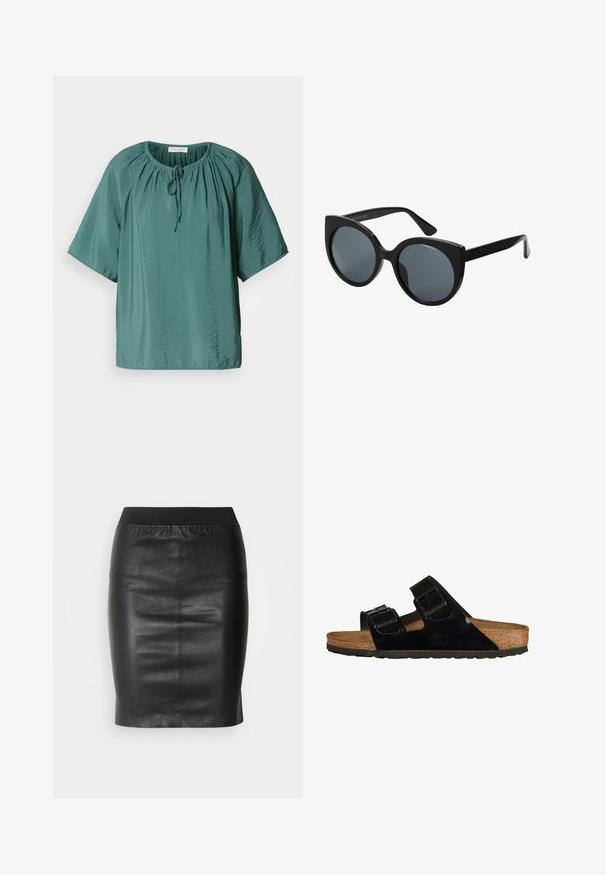 Blusa corta de manga corta en color verde azulado con escote redondo, cordón ajustable y textura ligeramente arrugada. Tejido ligero con un corte relajado.; Falda lápiz negra hecha de cuero suave, con una cinturilla elástica para una silueta ajustada y un diseño minimalista.; Sandalias de charol negro con dos correas ajustables, plantilla de corcho y suela de goma, que presentan una textura suave y un diseño minimalista.; Gafas de sol negras de gran tamaño con forma de ojo de gato, lentes oscuros y montura de plástico brillante. Presenta patillas gruesas para mayor soporte.