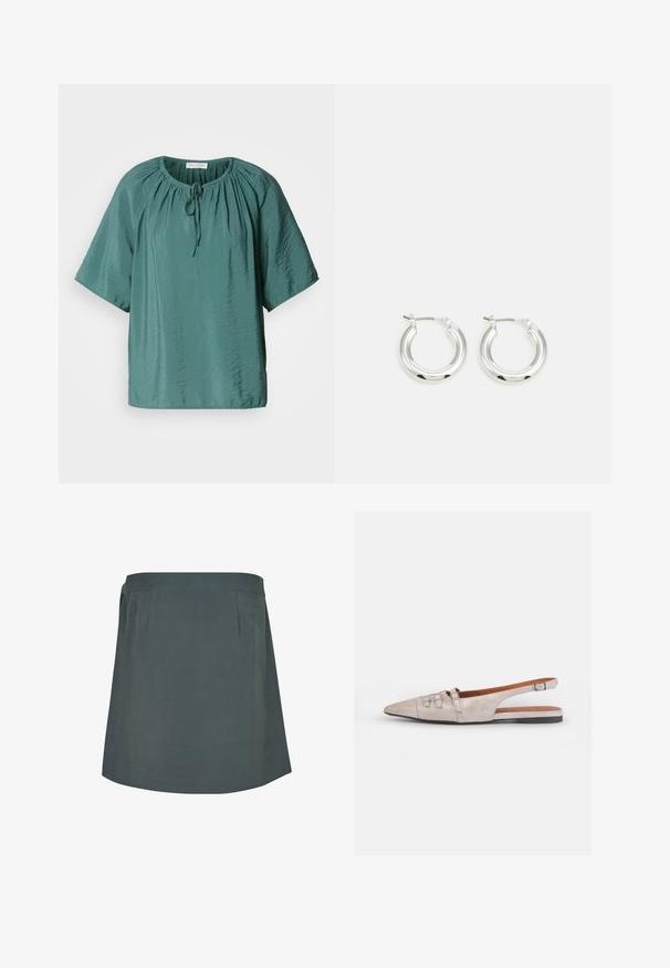Blouse teal à manches courtes avec un col rond, cordon de serrage ajustable et texture légèrement froissée. Tissu léger avec une coupe décontractée.; Jupe verte foncée, longueur genou avec une texture lisse, dotée d'une ceinture plate et de plis subtils à l'avant. Design simple et fonctionnel.; Chaussure slingback beige clair avec un bout pointu, une texture en daim doux, ornée de deux boucles décoratives et d'un petit talon plat.; Boucles d'oreilles en argent avec une finition polie, présentant une forme circulaire et une fermeture à charnière. Texture lisse avec un minimum de détails.