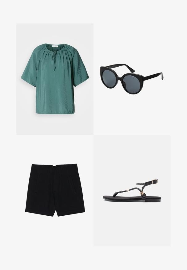 Teal kortærmet bluse med rund halsudskæring, justerbar snor og let krøllet tekstur. Letvægtsstof med afslappet pasform.; Sorte shorts lavet af et glat stof, der har sidelommer, en skræddersyet pasform og strukturerede læg foran for en ren silhuet.; Sorte flade sandaler med flettede stropper og en metallisk detalje. Har en justerbar spænde og flad gummisål for komfort.; Storede sorte oversized solbriller med katteøjeform, mørkt tonede linser og glansfuldt plastisk stel. Har tykke stænger for støtte.