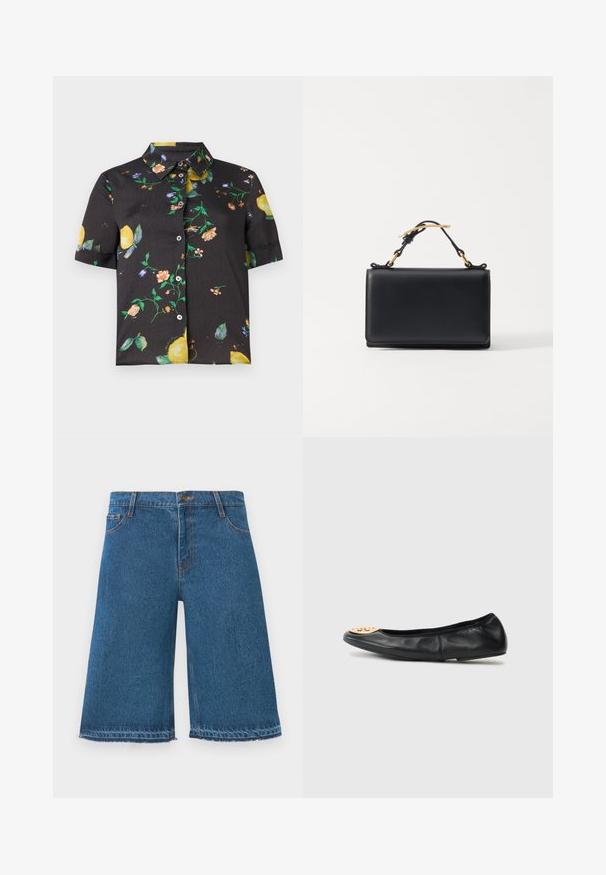 Chemise noire à manches courtes avec col, ornée d'un motif coloré de fleurs et de citrons.; Shorts en denim bleu au genou avec des bords effilochés, bouton avant et poches, sur fond blanc uni.; Ballerine en cuir noir avec un bout arrondi, présentant un accent en métal doré sur le bout, une texture lisse et une semelle flexible.; Sac à main en cuir noir de forme rectangulaire, doté d'une anse supérieure et d'accents en métal doré. Texture lisse, design minimaliste.