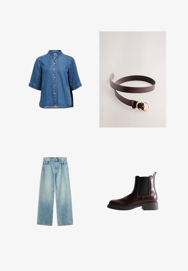 Denim kortærmet skjorte med knapper, krave og perle-napsknapper, med en let buet kant.; Lyseblå denimjeans med bred bendesign, mellemhøj talje, fem lommer, kontrastsyninger og minimal lyseeffekt for et klassisk look.; Brune læder ankelstøvle med elastiske sidepaneler, rund tå og en struktureret sort gummisål. Har kontrasterende syninger og en trækflap.; Brunt læderbælte med en glat tekstur, der har en guldfarvet dobbeltslyngespænde. Justerbart med flere huller til tilpasning af størrelsen.