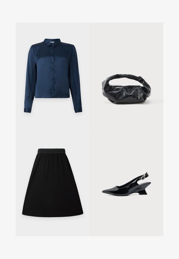 Donkerblauwe langemouwen shirt van glad satijn, met een kraag en knoopsluiting aan de voorkant. Eenvoudig ontwerp, zonder patronen of accenten.; Zwarte A-lijn rok met een elastische tailleband, gemaakt van een gladde, lichte stof; heeft een eenvoudig, effen ontwerp zonder patronen.; Zwarte lakleren slingback schoen met spitse neus en lage schuine blokhak op een effen lichte achtergrond.; Zwarte tas van glanzend, textuur materiaal met een ronde, gedraaide handgreep en een ritsluiting. Heeft een zacht, gekreukt ontwerp.