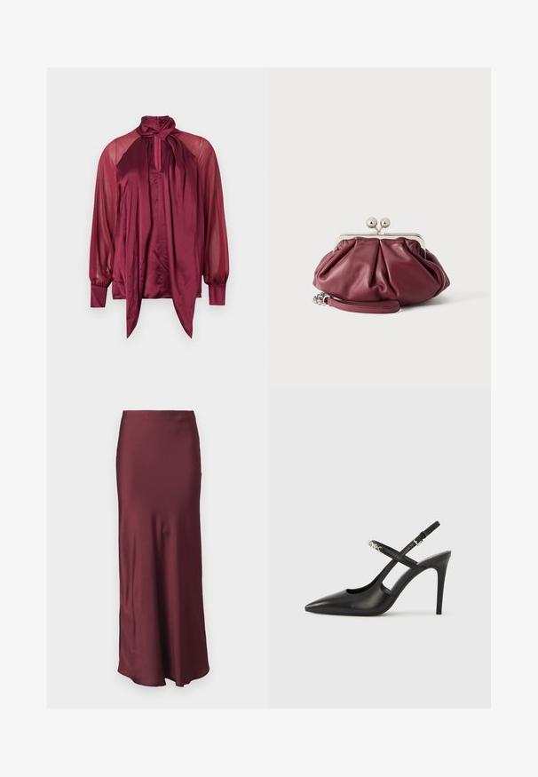 Blouse bordeaux à manches longues avec manches transparentes, devant en satin, col montant et détail d'un nœud noué au col.; Jupe maxi en satin bordeaux avec une taille ajustée et un ourlet évasé, présentant une texture lisse et sans motifs ni ornements visibles.; Escarpins slingback en cuir noir avec bout pointu, design ajouré et bride ajustable ornée de ferrures métalliques.; Petite pochette en cuir bordeaux avec fermoir en métal argenté et bracelet pour poignet sur fond blanc.
