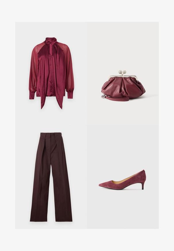 Bordeauxrode blouse met lange mouwen, doorschijnende mouwen, satijnen voorkant, hoge halslijn en een strikdetail bij de kraag.; Donkerbruine, hooggetailleerde, op maat gemaakte broek met wijde pijpen en voorplooien, plat uitgespreid op een lichte achtergrond.; Bordeaux suède hoge hak pump met een spitse neus, lage hak en een gladde binnenvoering. Textuur aan de buitenkant en een slank, klassiek ontwerp.; Kleine bordeauxrode leren clutch met zilveren metalen gesp en polsriem op een witte achtergrond.