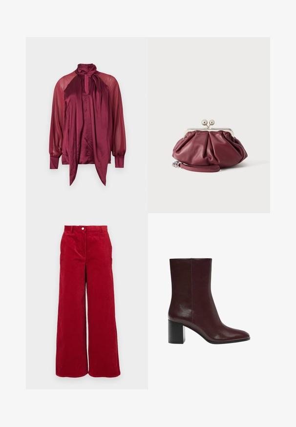 Blouse bordeaux à manches longues avec manches transparentes, devant en satin, col montant et détail d'un nœud noué au col.; Pantalons en velours côtelé rouge à jambes larges avec un tissu texturé, comprenant une fermeture à bouton classique et une taille haute. Fini lisse avec des côtes verticales.; Bottes à chevilles bourgogne en cuir lisse, avec un bout pointu et un talon épais et texturé noir. Design minimaliste avec des lignes épurées.; Petite pochette en cuir bordeaux avec fermoir en métal argenté et bracelet pour poignet sur fond blanc.