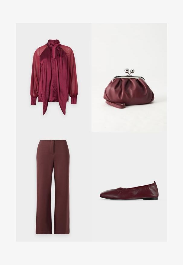 Blouse bordeaux à manches longues avec manches transparentes, devant en satin, col montant et détail d'un nœud noué au col.; Pantalons larges bourgogne en tissu lisse, dotés d'une fermeture éclair, d'un ajustement sur mesure et de lignes épurées pour un aspect structuré.; Ballerine plate en cuir bordeaux avec bord supérieur élastique froncé et fine semelle noire sur fond blanc.; Petit sac pochette en cuir bordeaux avec fermoir métallique argenté et bracelet sur fond blanc.