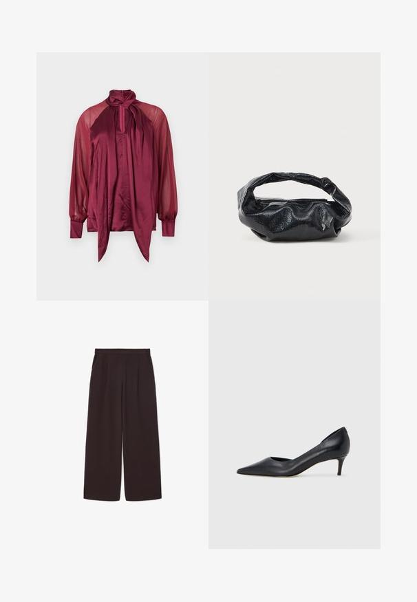 Blusa de manga larga color burdeos con mangas transparentes, frente de satén, cuello alto y detalle de lazo atado en el cuello.; Pantalones de pierna ancha de color marrón oscuro, confeccionados en una tela ligera, con una cintura alta, pliegues y dos bolsillos laterales, además de una cinturilla elástica.; Zapato de tacón bajo de cuero negro con punta puntiaguda. Presenta una textura lisa y un brillo sutil. Corte abierto en la parte frontal para un detalle adicional.; Bolso negro hecho de un material brillante y texturizado con un asa circular retorcida y un cierre de cremallera. Presenta un diseño suave y arrugado.