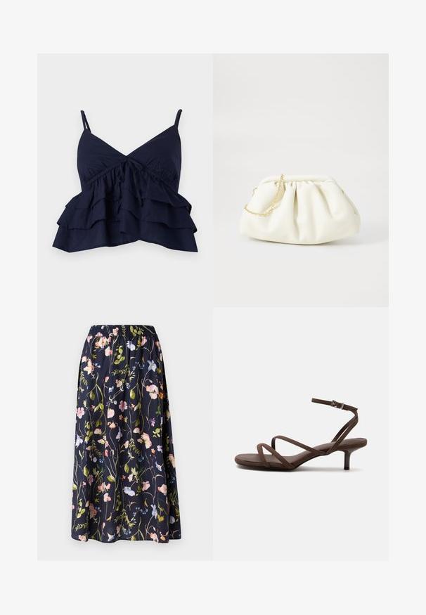 Top de tela azul marino con tirantes finos ajustables, que presenta un escote fruncido y tres capas de volantes en el dobladillo.; Falda floral en azul marino con una cinturilla elástica, que presenta un estampado de flores rosas, azules y verdes sobre un tejido texturizado.; Sandalia marrón de tacón alto con tiras finas cruzadas y una correa en el tobillo con una hebilla plateada sobre un fondo blanco.; Bolso de mano de cuero blanco con un diseño recogido, cuenta con una cadena dorada y forma redondeada. Textura suave con pliegues suaves y sin patrones.