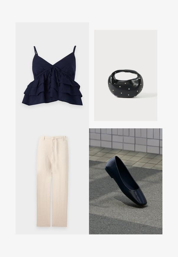 Top de tela azul marino con tirantes finos ajustables, que presenta un escote fruncido y tres capas de volantes en el dobladillo.; Pantalones de lino beige con un diseño de pierna recta, que presentan un cierre de botón y una corbata de tela en la cintura, ofreciendo una apariencia ligera y texturizada.; Zapato plano de cuero negro, de pie verticalmente sobre una superficie de asfalto cerca del borde de una acera con baldosas.; Bolso de mano de cuero negro con forma redondeada, decorado con detalles de tachuelas plateadas y un asa corta. Textura lisa y cierre con cremallera.