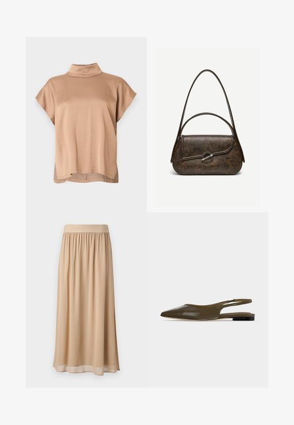 Kortärmelig top van lichtbruin stof, met een hoge kraag, losse pasvorm en een zoom die iets langer is aan de achterkant. Soepele textuur.; Beige midi-rok met een brede elastische tailleband waarop de merknaam staat. Zacht, vloeiend materiaal met een gladde textuur en een eenvoudig ontwerp.; Olijfgroene platte slingback met spitse neus, lage zwarte hak en een gladde, glanzende afwerking.; Donkerbruine lederen handtas met textuur, twee hengsels, afgeronde rechthoekige vorm en zilveren cirkelvormige sluiting op de voorflap.