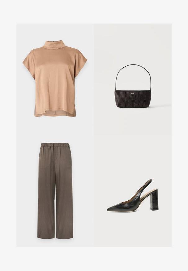 Haut à manches courtes en tissu marron clair, doté d'un col montant, d'une coupe décontractée et d'un ourlet légèrement plus long au dos. Texture lisse.; Pantalon à jambes larges de couleur marron douce, avec une texture douce, une ceinture élastique et sans poches visibles. Tissu lisse avec un léger éclat subtil.; Chaussure slingback en cuir noir à bout pointu avec un talon bloc haut et une doublure intérieure beige sur un fond clair uni.; Sac à main noir tissé texturé avec une seule bandoulière et un petit logo doré "BOSS" au centre devant.