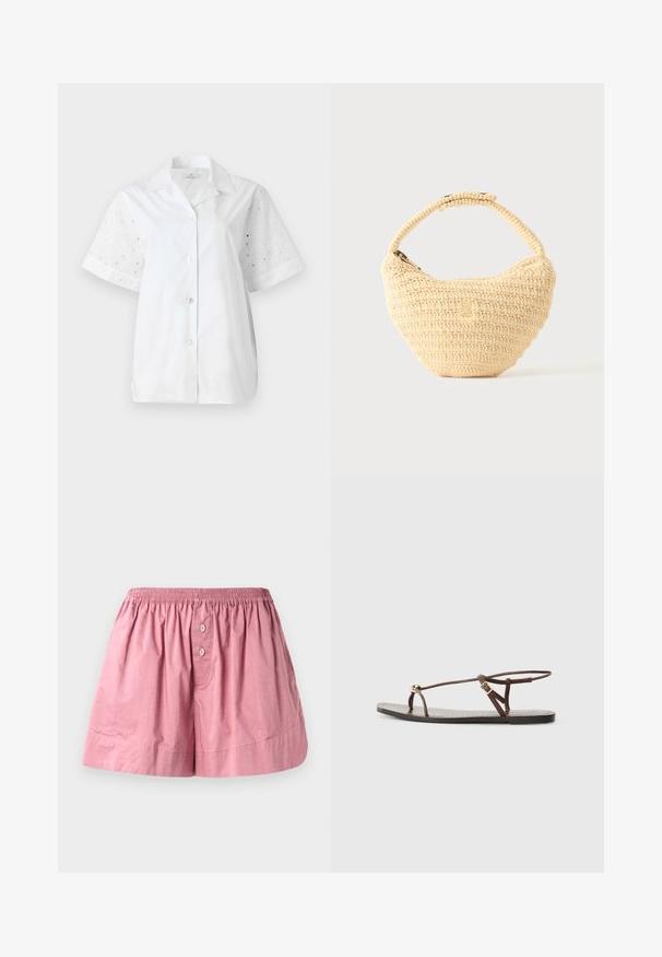 Weißes Kurzarmhemd mit Knopfverschluss. Der Hauptteil besteht aus solidem Stoff, während die Ärmel ein florales Lochdesign aufweisen.; Rosa Baumwoll-Schlafshorts mit einem elastischen Bund, zwei vorderen Knöpfen und einer lockeren Passform. Der Stoff ist glatt mit einer leicht zerknitterten Textur.; Braune Leder-Sandale mit dünnen Riemen, einem goldenen, runden Akzent und einer flachen Sohle. Minimalistisches Design mit einem verstellbaren Schnallen-Detail.; Beige gewebte Handtasche mit rundem Körper, Reißverschluss und kurzem, dickem Riemen in einfachem, strukturiertem Häkelstil.