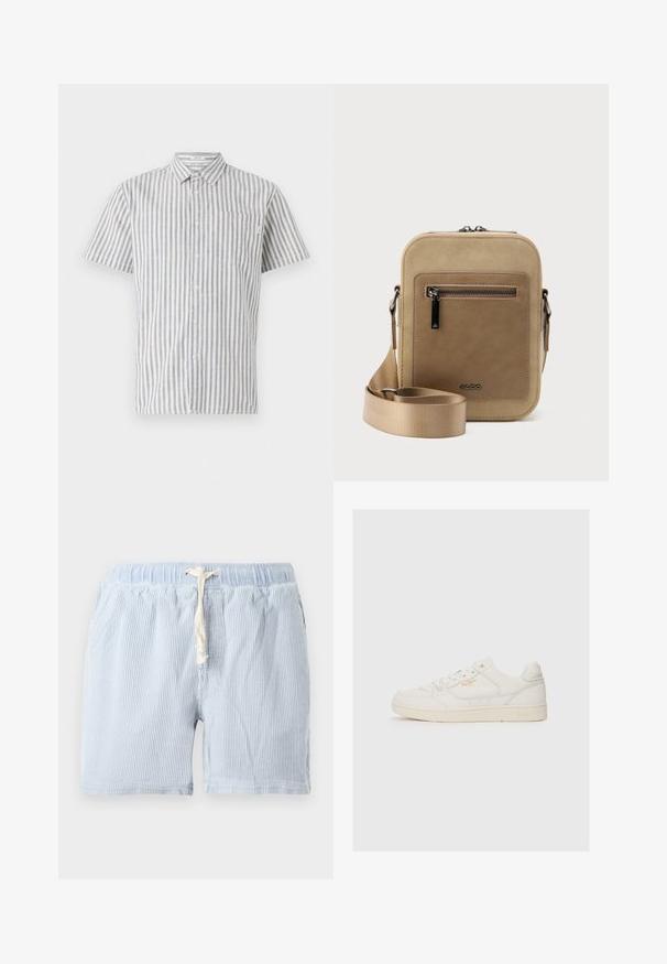 Kurzärmliges Hemd mit Knopfleiste in weißen und blauen vertikalen Streifen, mit einer Brusttasche und einem klassischen Kragen. Aus Baumwollmischung.; Himmelblau gestreifte Shorts aus weichem Stoff mit elastischem Bund und Kordelzug. Hat seitliche Taschen und eine lockere Passform.; Weiße Leder-Sneaker mit glatter Textur, versehen mit perforierten Akzenten, Schnürung an der Vorderseite und einem subtilen Logo in Gold an der Seite.; Kleine beige Umhängetasche mit vorderer Reißverschlusstasche, metallischem ALDO-Logo, verstellbarem breitem Riemen und abgerundeter rechteckiger Form vor weißem Hintergrund.