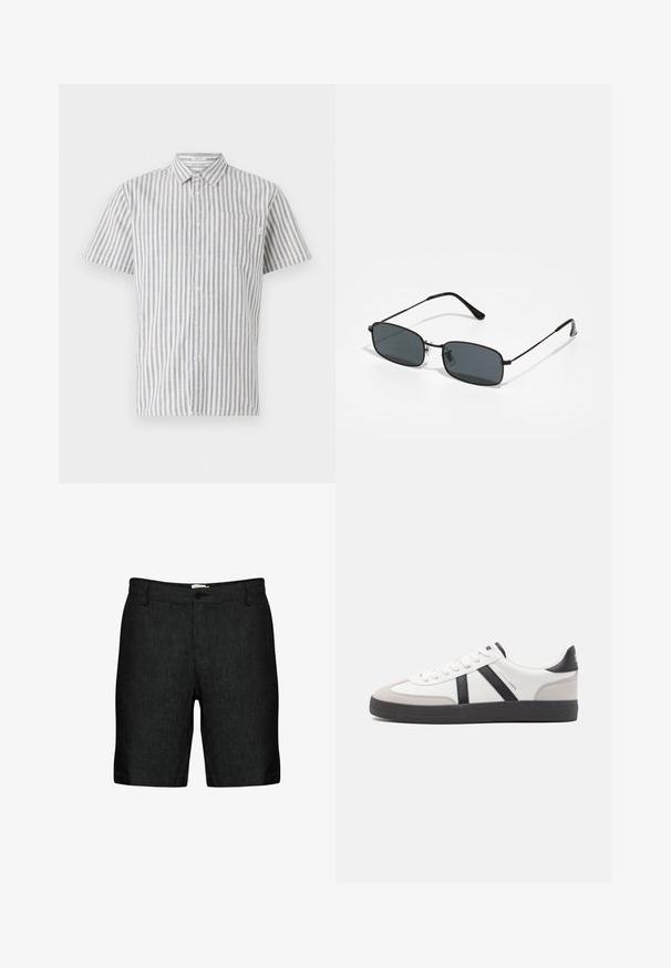 Kurzärmliges Hemd mit Knopfleiste in weißen und blauen vertikalen Streifen, mit einer Brusttasche und einem klassischen Kragen. Aus Baumwollmischung.; Schwarze Leinen-Shorts mit flachem Vorderteil, Gürtelschlaufen und einem einzelnen Knopfverschluss. Sie verfügen über einen strukturierten Stoff und leicht tapered Beine.; Weiße Sneaker mit schwarz- und grau-aczenten, ausgestattet mit einer strukturierten grauen Zehenkappe, schwarzer Gummi-Sohle und flachen weißen Schnürsenkeln. Sauberes Design, minimalistische Stil.; Schwarze rechteckige Sonnenbrille mit dünnem Metallrahmen und dunklen Gläsern, die auf einer weißen Oberfläche liegt.