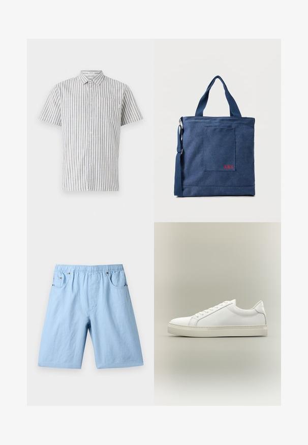 Kortærmet skjorte med knapper i hvid og blå lodrette striber, udstyret med en brystlomme og et klassisk kravedesign. Stoffet er en bomuldsblanding.; Lyseblå shorts med elastisk talje, to frontlommer og en glat tekstur. Fremstillet af et blødt stof, velegnet til afslappet brug.; Hvid lavtop sneaker med snørebånd foran og tyk sål, vist fra siden mod en neutral baggrund.; Blå lærredstote taske med frontlomme og rød "O.N.S" broderi, med to håndtag og en justerbar skulderrem.