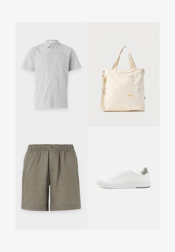 Kortærmet skjorte med knapper i hvid og blå lodrette striber, udstyret med en brystlomme og et klassisk kravedesign. Stoffet er en bomuldsblanding.; Khaki shorts i letvægtsstof med elastisk talje og knaplukning. Har et lige ben design og optrukket kant.; Hvid sneaker lavet af glat læder, rund tå, minimalistisk design, grå hælafsats og tekstureret gummisål.; Kremfarvet lærredstote-taske med frontlomme, to håndtag, justerbar skulderrem og lille gul "O.N.S" tekst i nederste højre hjørne af lommen.