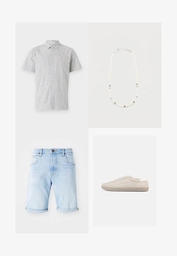 Korte mouwen knoopshirt in wit en blauwe verticale strepen, met een borstzak en een klassieke kraagontwerp. Van een katoenmix stof.; Lichtblauwe denim shorts met opgerolde mouwen, klassiek vijf-pocket ontwerp en een bronzen logo patch op de tailleband. Gladde textuur.; Beige suède sneaker met een gestructureerd bovenwerk, een gladde witte hielkap, dunne veters en een rubberen buitenzool. Heeft een slank, laag profiel.; Witte parelketting met zilveren strass tussenstukjes en een zilveren ketting sluiting, weergegeven tegen een eenvoudige lichte achtergrond.