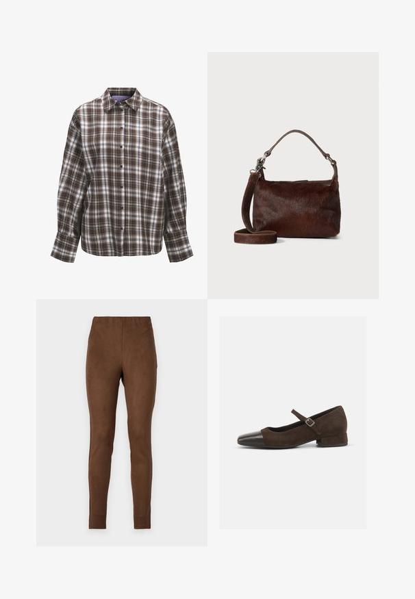 Langærmet skjorte med knapper, brun, sort og hvid ternet mønster og klassisk krave på hvid baggrund.; Brune leggings lavet af et blødt, sued-lignende materiale; tætsiddende design, glat tekstur og elastisk talje for komfort.; Brun ruskind Mary Jane-sko med en sort laklæder tåhætte, justerbar rem og en lav blokhæl. Glat tekstur med minimale detaljer.; Brun læder håndtaske med en blød, tekstureret pelslignende overflade, slank design, en kort hank og en aftagelig strop.