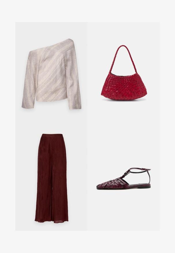 Top de manga larga y sin hombros en color beige claro con sutiles rayas texturizadas, con un corte relajado y un diseño asimétrico.; Pantalones de pierna ancha en burdeos, fabricados en un tejido texturizado con plisados verticales. Presentan una cintura alta y un dobladillo que llega hasta el tobillo.; Sandalia plana burdeos con diseño de cuero trenzado, puntera puntiaguda y tira en el tobillo con cierre de hebilla sobre fondo blanco.; DRAGON DIFFUSION ROSANNA - Bolso de mano - red