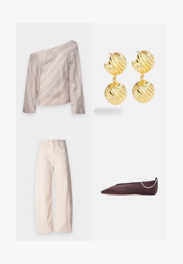 Haut à manches longues décolletées en beige clair avec des rayures texturées subtiles, présentant une coupe décontractée et un design asymétrique.; Mother THE HALF PIPE ANKLE - Wide Leg - off-white; Chaussure plate marron foncé à bout pointu avec un petit talon et un détail chaîne en strass argentée à l'arrière.; Boucles d'oreilles en ton doré avec un design tordu. Elles comportent deux éléments sphériques, chacun avec une texture ondulée et une finition polie.