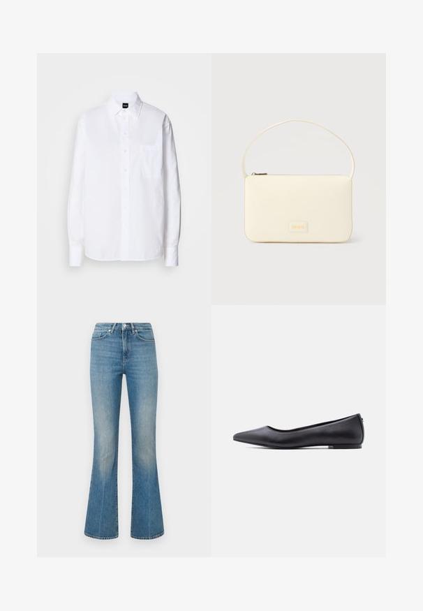 Camisa blanca de botón hecha de algodón, con cuello clásico, mangas largas, un bolsillo en el pecho y una textura suave y crujiente.; Vaqueros de mezclilla de color azul claro con corte acampanado. Presentan una cinturilla con botón y un lavado desgastado, que se estrecha hacia un dobladillo ancho a la altura de los tobillos.; Zapato plano de cuero negro con punta puntiaguda y tacón bajo, mostrado de perfil contra un fondo blanco.; Bolso rectangular color crema con una sola correa y cremallera superior, con una pequeña placa de logotipo en relieve en el frente.