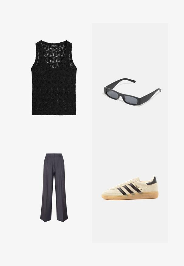 Sort ærmeløs blonde top med blomsterprint og rund halsudskæring, mærket Massimo Dutti.; Bredde bukser i mørkegrå stof med subtile striber. Har en skræddersyet talje og skarpe folder for et struktureret udseende.; Kremfarvet ruskindssneaker med sorte striber, gummisål, sort hælstrop og gyldent "SPEZIAL"-tekst på siden.; Sorte rektangulære solbriller med mørke linser og tykke matte stel. Armen er let tilspidset med en glat overflade.
