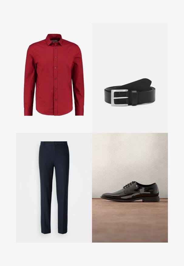 Red long-sleeve button-up shirt with a collar, made from smooth fabric. Features a five-button front placket and standard cuffs. No patterns or accents.; Navy blue trousers made from a smooth fabric. Features a straight-leg design with a single button closure and standard pockets.; Black patent leather dress shoe with a rounded toe, lace-up design, and smooth, shiny surface. Features a low-profile rubber sole.; Black leather belt with a smooth texture, silver rectangular buckle, and a loop for the end. Features neat stitching along the edges.