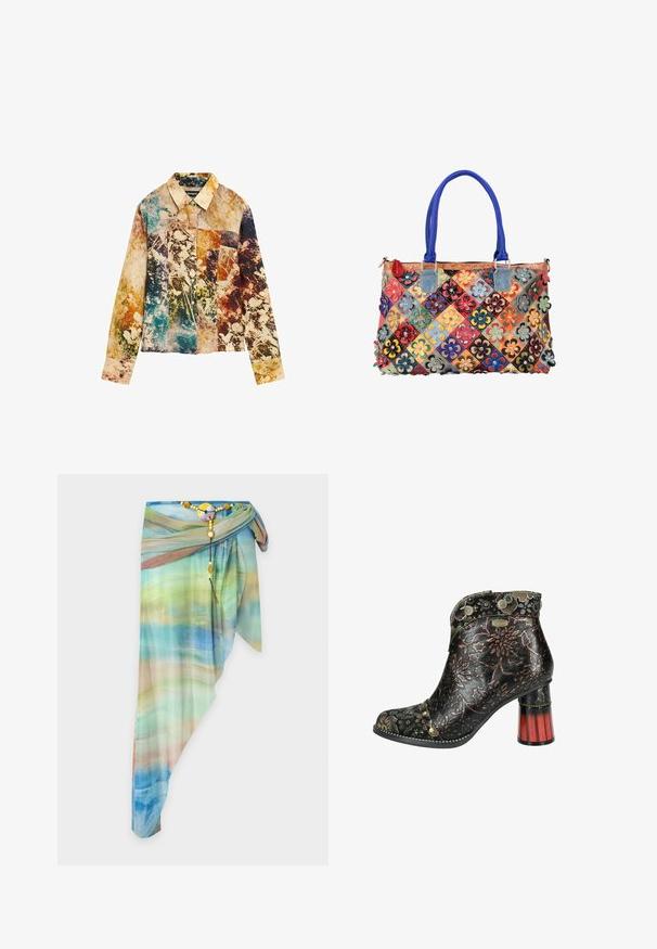 Langärmliges Hemd mit Knöpfen und einem Patchwork aus floralen und abstrakten Mustern in Blau-, Beige-, Braun-, Orange- und Grüntönen.; Asymmetrischer transparenter Wickelrock mit blau-grün-beigem Farbverlaufsmuster, befestigt mit einem dekorativen Perlengürtel und rundem Verschluss.; Schwarze Lederstiefelette mit floralen Mustern, Zehenausschnitt, dekorativen Nieten und einem roten Holzblockabsatz. Verfügt über ein dekoratives, gemustertes Obermaterial.; Bunte Patchwork-Handtasche mit blauen Griffen, dekoriert mit mehrfarbigen Lederblumen-Applikationen auf weißem Hintergrund.