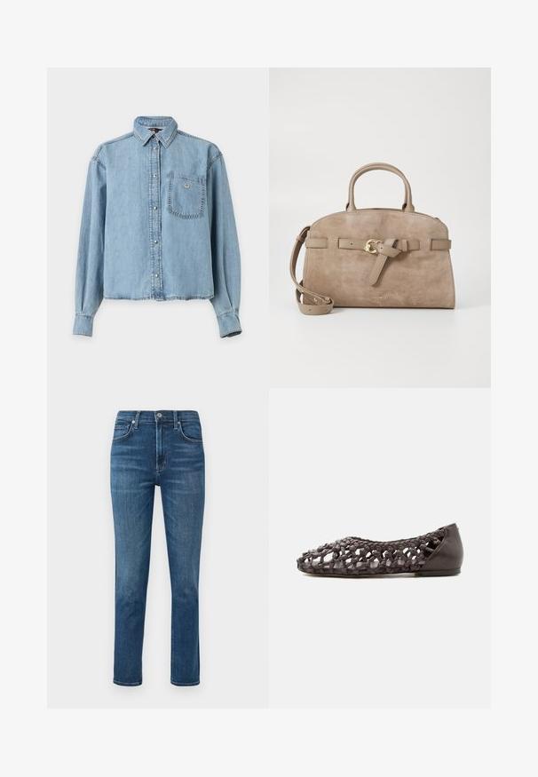 Hellblaues Denim-Hemd mit langen Ärmeln, Knöpfen, Kragen und Brusttasche mit kleinem herzförmigem Detail.; Dunkelblaue Denim-Jeans mit geradem Bein, fünf Taschen-Design und einem Metallknopf an der Taille. Dezente Ausbleichungen und Nähedetails.; Dunkelbrauner flacher Schuh mit gewebtem Leder-Gitterdesign und solidem Absatz, seitlich auf weißem Hintergrund dargestellt.; Beige Wildleder-Handtasche mit strukturiertem Design, oberen Tragegriffen, abnehmbarem Schulterriemen und goldenen Hardware-Akzenten. Verfügt über ein verknotetes Gürtel-Detail.