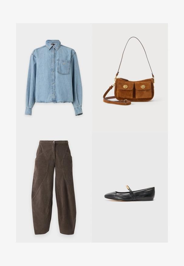 Chemise en denim bleu clair à manches longues, boutonnée, avec un col et une poche poitrine ornée d'un petit détail en forme de cœur.; Pantalon en velours côtelé marron à jambes larges, taille haute, fermeture à bouton sur le devant et détails de couture en biais sur les jambes.; Ballerine en cuir noir avec un bout pointu, une fine sangle et un petit accent doré près de la sangle. Texture lisse et talon bas.; Sac à bandoulière en daim marron avec deux poches avant à rabat et fermetures à tourniquet dorées, doté d'une longue bandoulière amovible et d'une poignée courte.