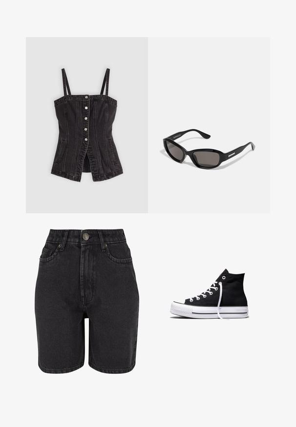 Top bustier en denim noir avec bretelles réglables, cinq boutons argentés sur le devant, coutures verticales et poches latérales. Texture lisse.; Shorts en denim noir à taille haute, avec un design à cinq poches et un système de fermeture à bouton en métal. Le tissu a une texture lisse avec un léger dégradé.; Baskets montantes en toile noire avec semelle en caoutchouc blanche et lacets blancs, vues de côté sur un fond blanc.; Lunettes de soleil noires avec une monture rectangulaire, des verres sombres, un matériau plastique lisse et un accent métallique sur la branche.
