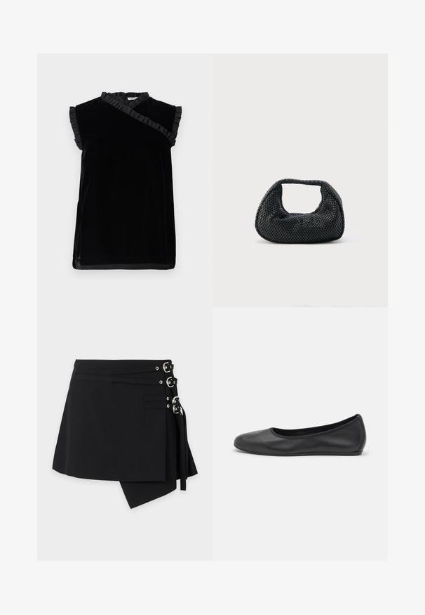 Haut en velours noir avec manches courtes à volants et encolure asymétrique. Texture lisse avec une finition nette à l'ourlet.; Jupe asymétrique noire avec trois sangles à boucle argentée sur le côté droit et détail en tissu superposé.; Ballerines en cuir noir avec un bout rond, texture lisse, détails de couture minimalistes et design de semelle flexible.; Sac hobo tissé noir avec une structure souple et une poignée intégrée, présenté sur un fond clair uni.