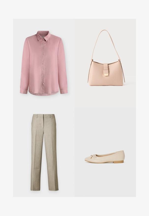 Lichtroze blouse met lange mouwen, knoopsluiting, klassieke kraag, rechte snit en effen stof, getoond tegen een effen witte achtergrond.; Beige pantalon met krijtstrepen en een rechte pijp, voorzien van een gestructureerde tailleband en een subtiele textuur in de stof.; Beige balletschoenen van glad synthetisch materiaal. Voorzien van een kleine blokhak en een geknoopt detail met gouden accenten op de teen.; Lichtroze handtas met een gebogen vorm, gemaakt van een gestructureerd materiaal. Heeft een platte riem en een goudkleurig sluitingsdetail aan de voorkant.
