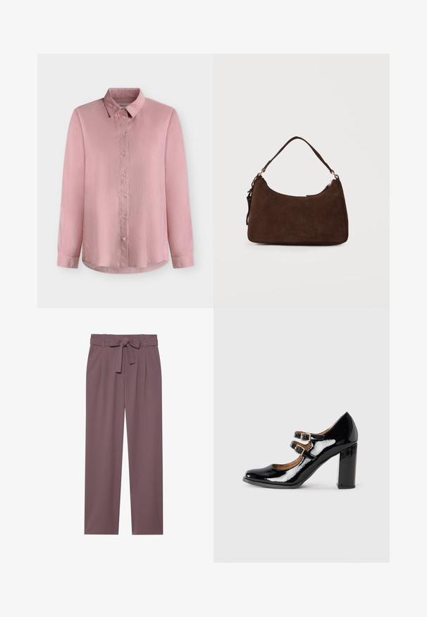 Lichtroze blouse met lange mouwen, knoopsluiting, klassieke kraag, rechte snit en effen stof, getoond tegen een effen witte achtergrond.; Plumkleurige wijde broek met een ceintuur, geplooid front en een zachte textuur. Beschikt over zijzakken en een op maat gemaakte uitstraling.; Zwarte gepatineerde leren Mary Jane-schoen met twee gespen en een chunky hoge hak, weergegeven in zijaanzicht op een effen achtergrond.; Bruine suède schoudertas met een enkele riem en ritssluiting tegen een effen lichte achtergrond.